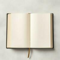 Overhead view of open book with empty blank white pages. Notebook composition for catalog, magazines concept by AI Generated photo