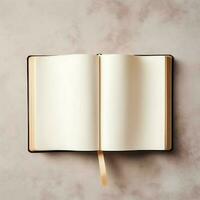 Overhead view of open book with empty blank white pages. Notebook composition for catalog, magazines concept by AI Generated photo