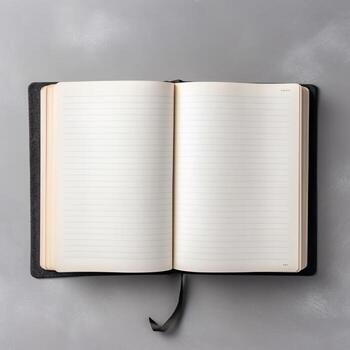 Overhead view of open book with empty blank white pages. Notebook composition for catalog, magazines concept by AI Generated photo