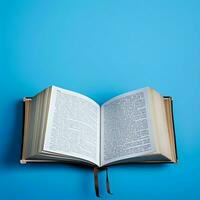 Overhead view of open book with empty blank white pages. Notebook composition for catalog, magazines concept by AI Generated photo