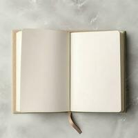 Overhead view of open book with empty blank white pages. Notebook composition for catalog, magazines concept by AI Generated photo