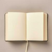 Overhead view of open book with empty blank white pages. Notebook composition for catalog, magazines concept by AI Generated photo