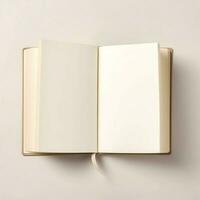 Overhead view of open book with empty blank white pages. Notebook composition for catalog, magazines concept by AI Generated photo