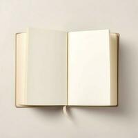 Overhead view of open book with empty blank white pages. Notebook composition for catalog, magazines concept by AI Generated photo