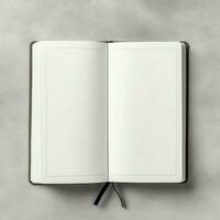 Overhead view of open book with empty blank white pages. Notebook composition for catalog, magazines concept by AI Generated photo