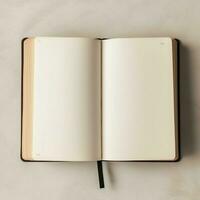 Overhead view of open book with empty blank white pages. Notebook composition for catalog, magazines concept by AI Generated photo