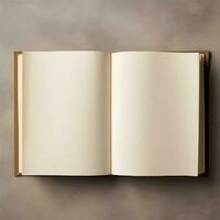Overhead view of open book with empty blank white pages. Notebook composition for catalog, magazines concept by AI Generated photo