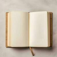 Overhead view of open book with empty blank white pages. Notebook composition for catalog, magazines concept by AI Generated photo