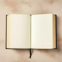 Overhead view of open book with empty blank white pages. Notebook composition for catalog, magazines concept by AI Generated photo