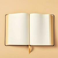 Overhead view of open book with empty blank white pages. Notebook composition for catalog, magazines concept by AI Generated photo