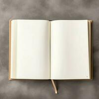 Overhead view of open book with empty blank white pages. Notebook composition for catalog, magazines concept by AI Generated photo