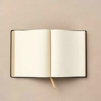 Overhead view of open book with empty blank white pages. Notebook composition for catalog, magazines concept by AI Generated photo