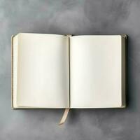 Overhead view of open book with empty blank white pages. Notebook composition for catalog, magazines concept by AI Generated photo