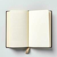 Overhead view of open book with empty blank white pages. Notebook composition for catalog, magazines concept by AI Generated photo