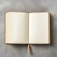 Overhead view of open book with empty blank white pages. Notebook composition for catalog, magazines concept by AI Generated photo