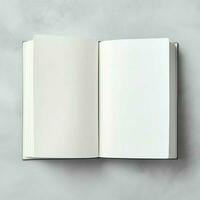 Overhead view of open book with empty blank white pages. Notebook composition for catalog, magazines concept by AI Generated photo