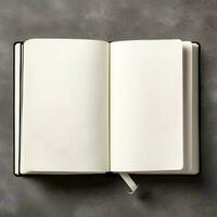 Overhead view of open book with empty blank white pages. Notebook composition for catalog, magazines concept by AI Generated photo