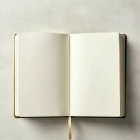Overhead view of open book with empty blank white pages. Notebook composition for catalog, magazines concept by AI Generated photo