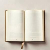 Overhead view of open book with empty blank white pages. Notebook composition for catalog, magazines concept by AI Generated photo
