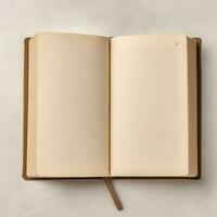 Overhead view of open book with empty blank white pages. Notebook composition for catalog, magazines concept by AI Generated photo