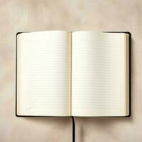 Overhead view of open book with empty blank white pages. Notebook composition for catalog, magazines concept by AI Generated photo