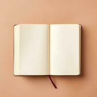 Overhead view of open book with empty blank white pages. Notebook composition for catalog, magazines concept by AI Generated photo