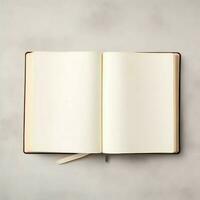 Overhead view of open book with empty blank white pages. Notebook composition for catalog, magazines concept by AI Generated photo