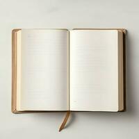 Overhead view of open book with empty blank white pages. Notebook composition for catalog, magazines concept by AI Generated photo