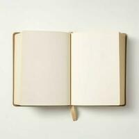 Overhead view of open book with empty blank white pages. Notebook composition for catalog, magazines concept by AI Generated photo