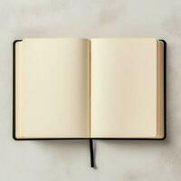 Overhead view of open book with empty blank white pages. Notebook composition for catalog, magazines concept by AI Generated photo