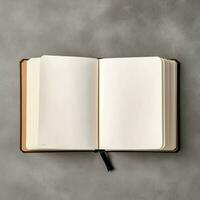 Overhead view of open book with empty blank white pages. Notebook composition for catalog, magazines concept by AI Generated photo