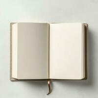 Overhead view of open book with empty blank white pages. Notebook composition for catalog, magazines concept by AI Generated photo