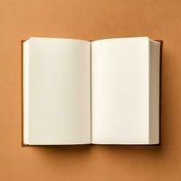 Overhead view of open book with empty blank white pages. Notebook composition for catalog, magazines concept by AI Generated photo