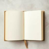 Overhead view of open book with empty blank white pages. Notebook composition for catalog, magazines concept by AI Generated photo