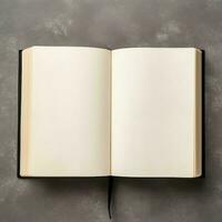 Overhead view of open book with empty blank white pages. Notebook composition for catalog, magazines concept by AI Generated photo