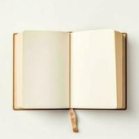 Overhead view of open book with empty blank white pages. Notebook composition for catalog, magazines concept by AI Generated photo