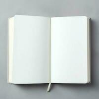 Overhead view of open book with empty blank white pages. Notebook composition for catalog, magazines concept by AI Generated photo