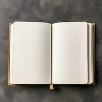 Overhead view of open book with empty blank white pages. Notebook composition for catalog, magazines concept by AI Generated photo