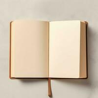Overhead view of open book with empty blank white pages. Notebook composition for catalog, magazines concept by AI Generated photo