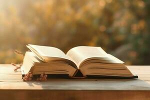 Overhead view of open book with empty blank white pages. Notebook composition for catalog, magazines concept by AI Generated photo