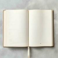Overhead view of open book with empty blank white pages. Notebook composition for catalog, magazines concept by AI Generated photo