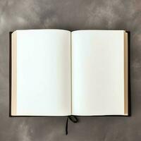 Overhead view of open book with empty blank white pages. Notebook composition for catalog, magazines concept by AI Generated photo