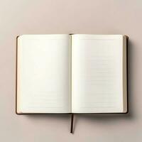 Overhead view of open book with empty blank white pages. Notebook composition for catalog, magazines concept by AI Generated photo