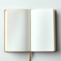Overhead view of open book with empty blank white pages. Notebook composition for catalog, magazines concept by AI Generated photo