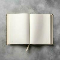 Overhead view of open book with empty blank white pages. Notebook composition for catalog, magazines concept by AI Generated photo