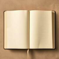 Overhead view of open book with empty blank white pages. Notebook composition for catalog, magazines concept by AI Generated photo