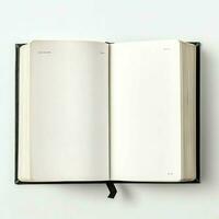 Overhead view of open book with empty blank white pages. Notebook composition for catalog, magazines concept by AI Generated photo