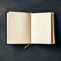 Overhead view of open book with empty blank white pages. Notebook composition for catalog, magazines concept by AI Generated photo