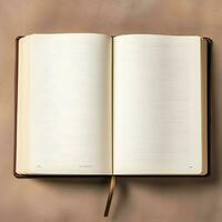 Overhead view of open book with empty blank white pages. Notebook composition for catalog, magazines concept by AI Generated photo
