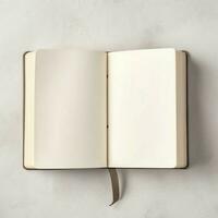 Overhead view of open book with empty blank white pages. Notebook composition for catalog, magazines concept by AI Generated photo